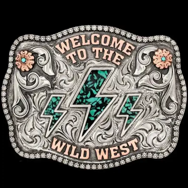 The Sonora Turquoise Belt Buckle will add a little of cowgirl to any oufit. Featuring crushed turquoise lighting bolts with gorgeous hand engraving. Fully customize it now!